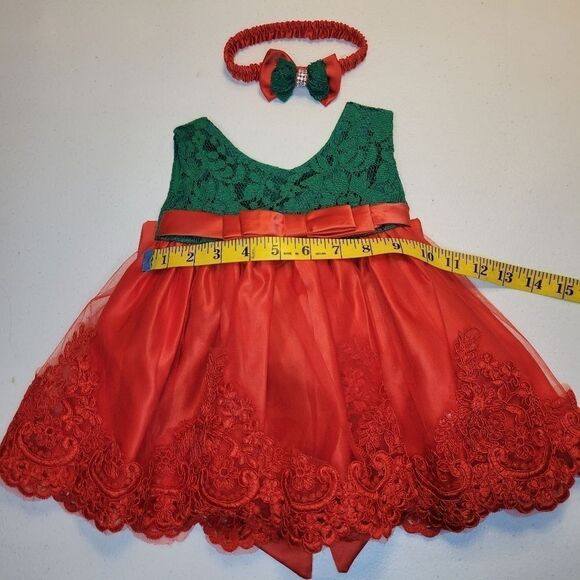 Red and Green Formal Christmas Dress Matching Headband Lace Bow - Picture 8 of 12
